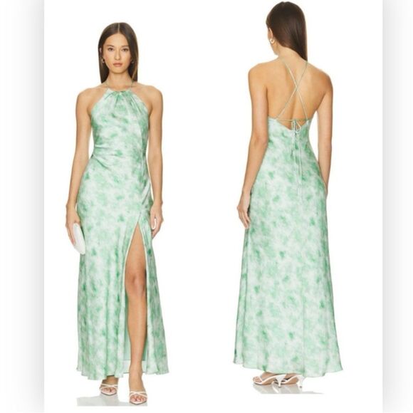 Astr Dresses & Skirts - New ASTR Lace Up Satin Slip Midi Elynor Dress in Green Abstract